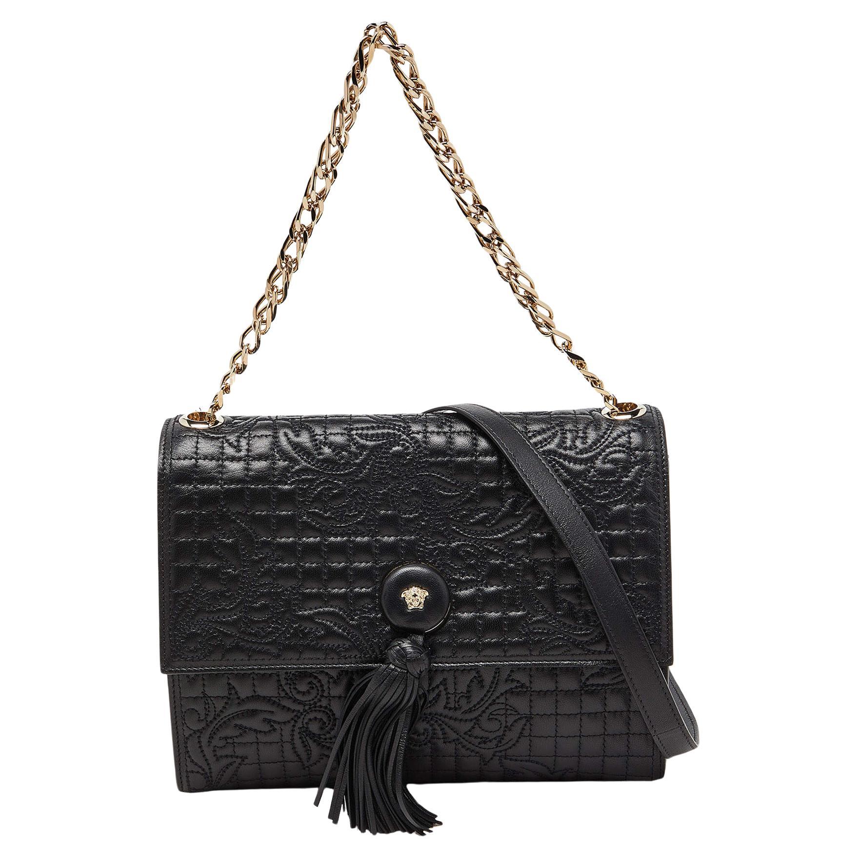 Versace Black Leather Tassel Medusa Shoulder Bag