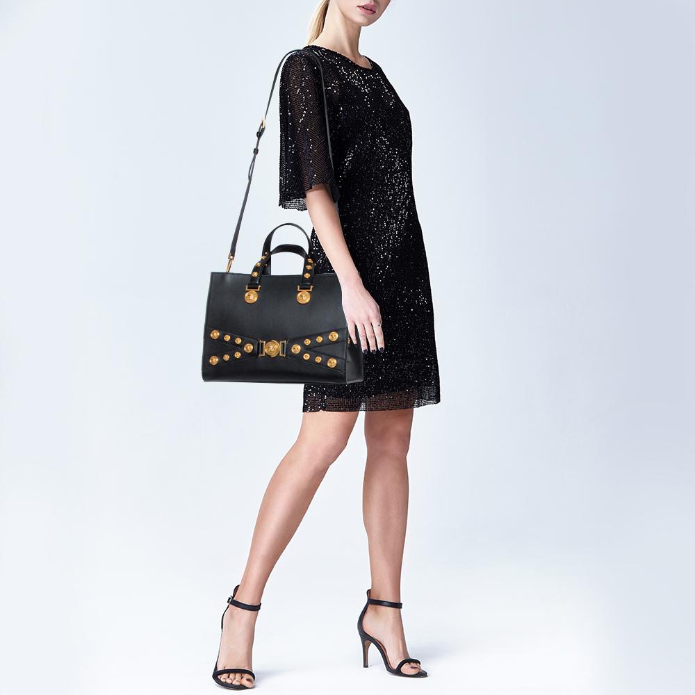 Versace Black Leather Tribute Medussa Studded Tote In New Condition In Dubai, Al Qouz 2