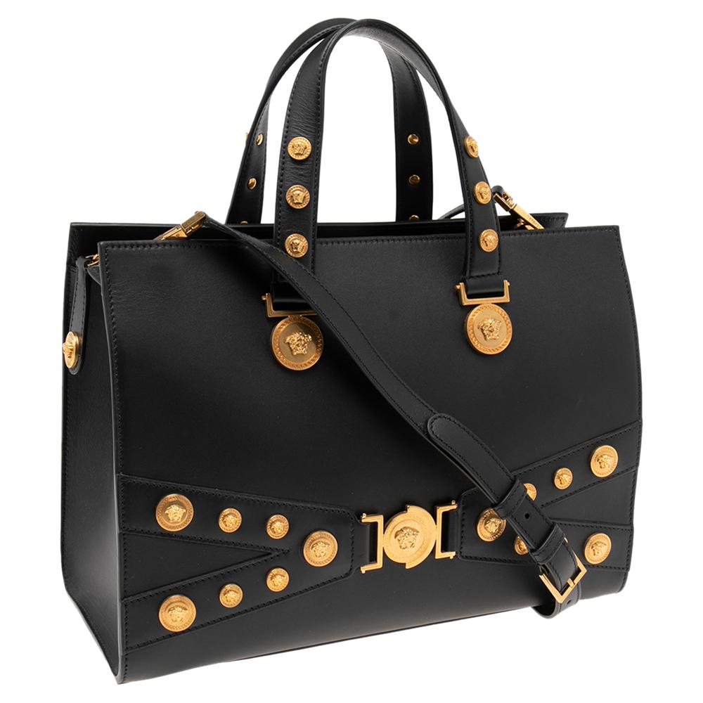 Women's Versace Black Leather Tribute Medussa Studded Tote