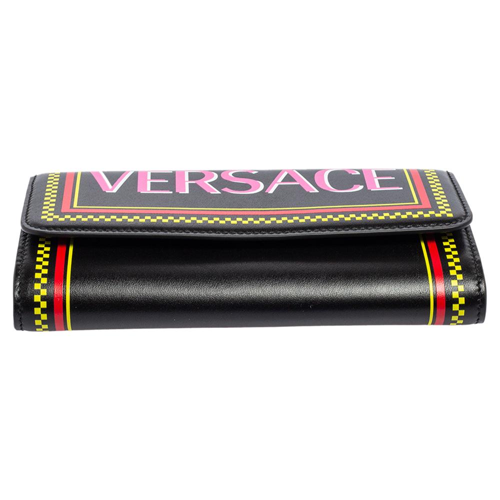 Women's Versace Black Leather Vintage Logo Flap Continental Wallet