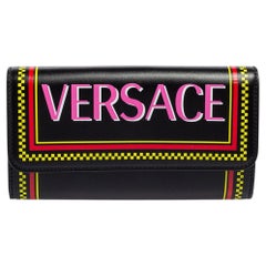 Versace Black Leather Vintage Logo Flap Continental Wallet