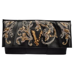 Versace Black Leather Virtus Sequin Embellished Fold Over Clutch