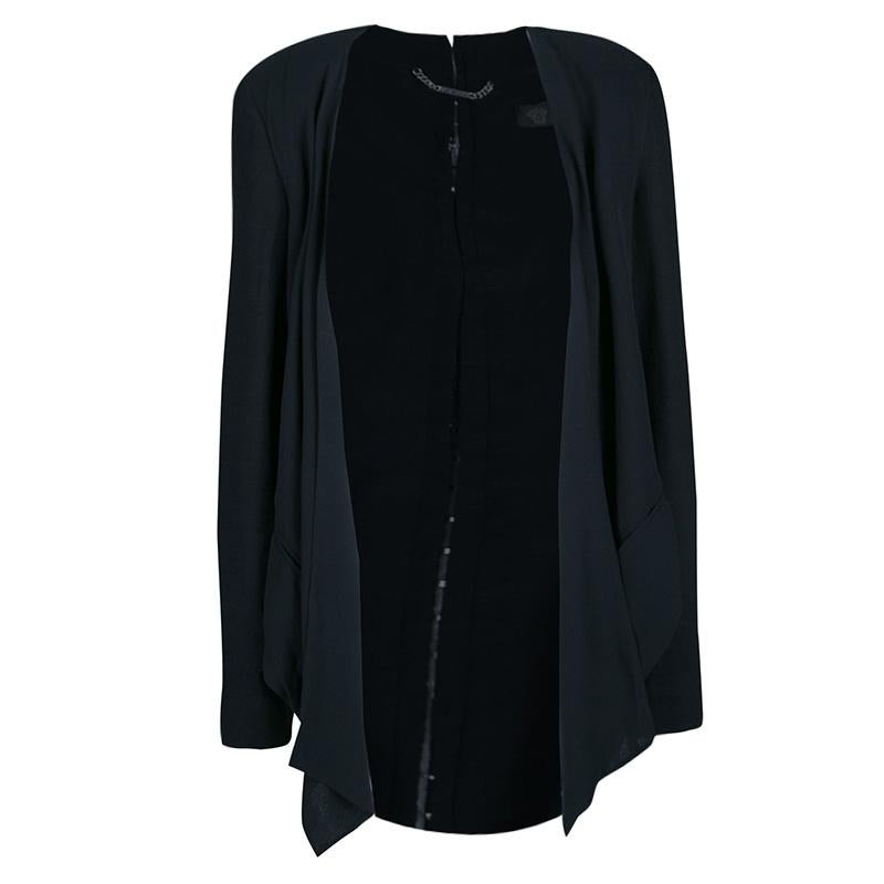 Versace Black Linen Blend Hook Detail Long Sleeve Open Front Jacket M In Good Condition In Dubai, Al Qouz 2