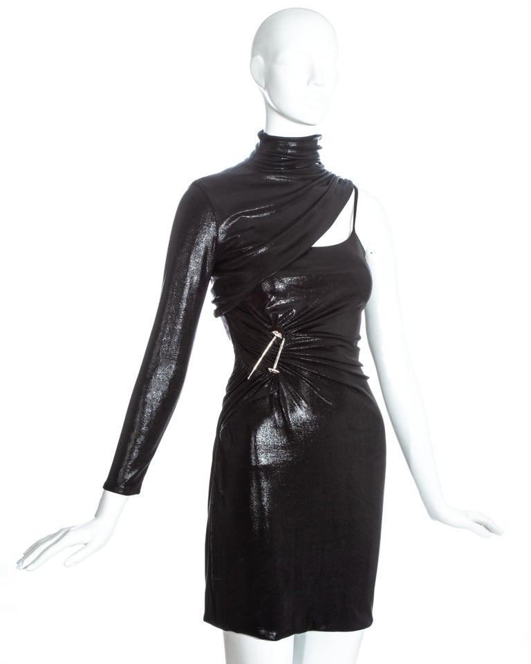 Versace black liquid jersey one sleeve dress with metal bolts, fw 2013 For  Sale at 1stDibs | black liquid dress, one sleeve leather dress, bcbg  watercolor swirl dress 2004