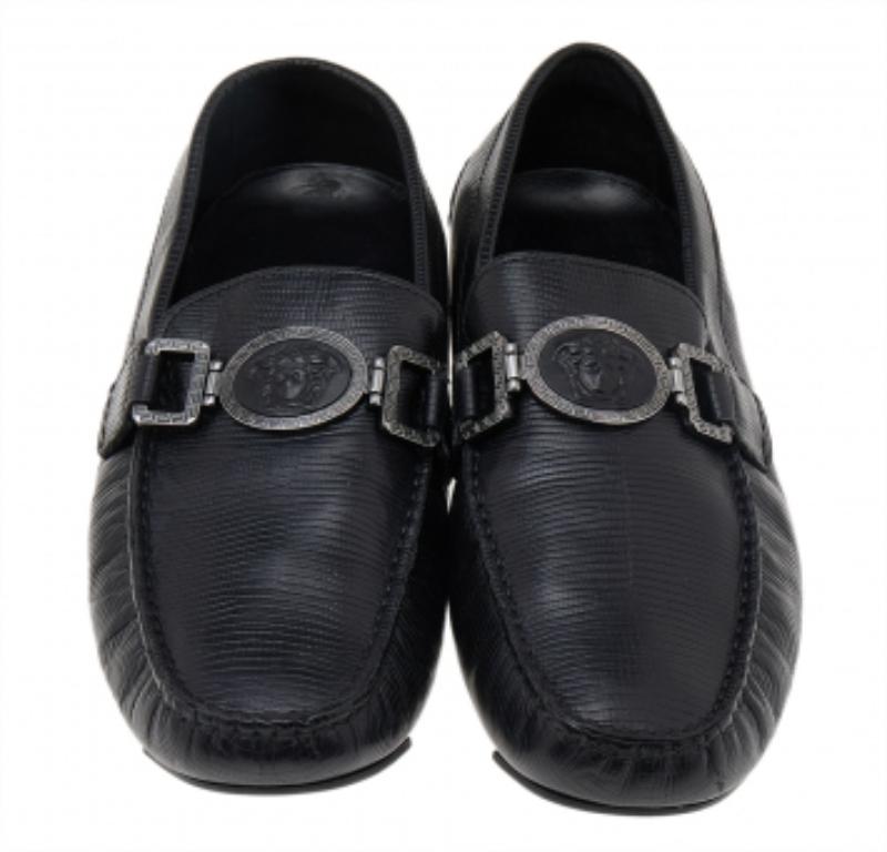Men's Versace Black Lizard Leather Medusa Slip On Loafers Size 41