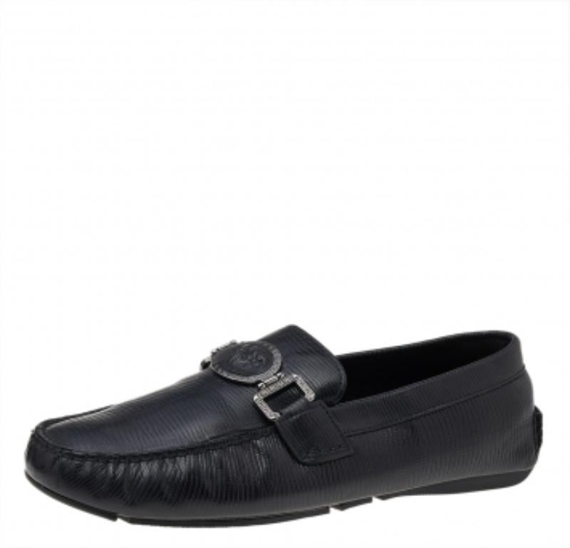 Versace Black Lizard Leather Medusa Slip On Loafers Size 41 2