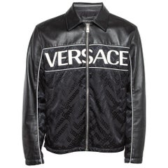 Versace Black Logo Applique Leather and Nylon Blouson Jacket L