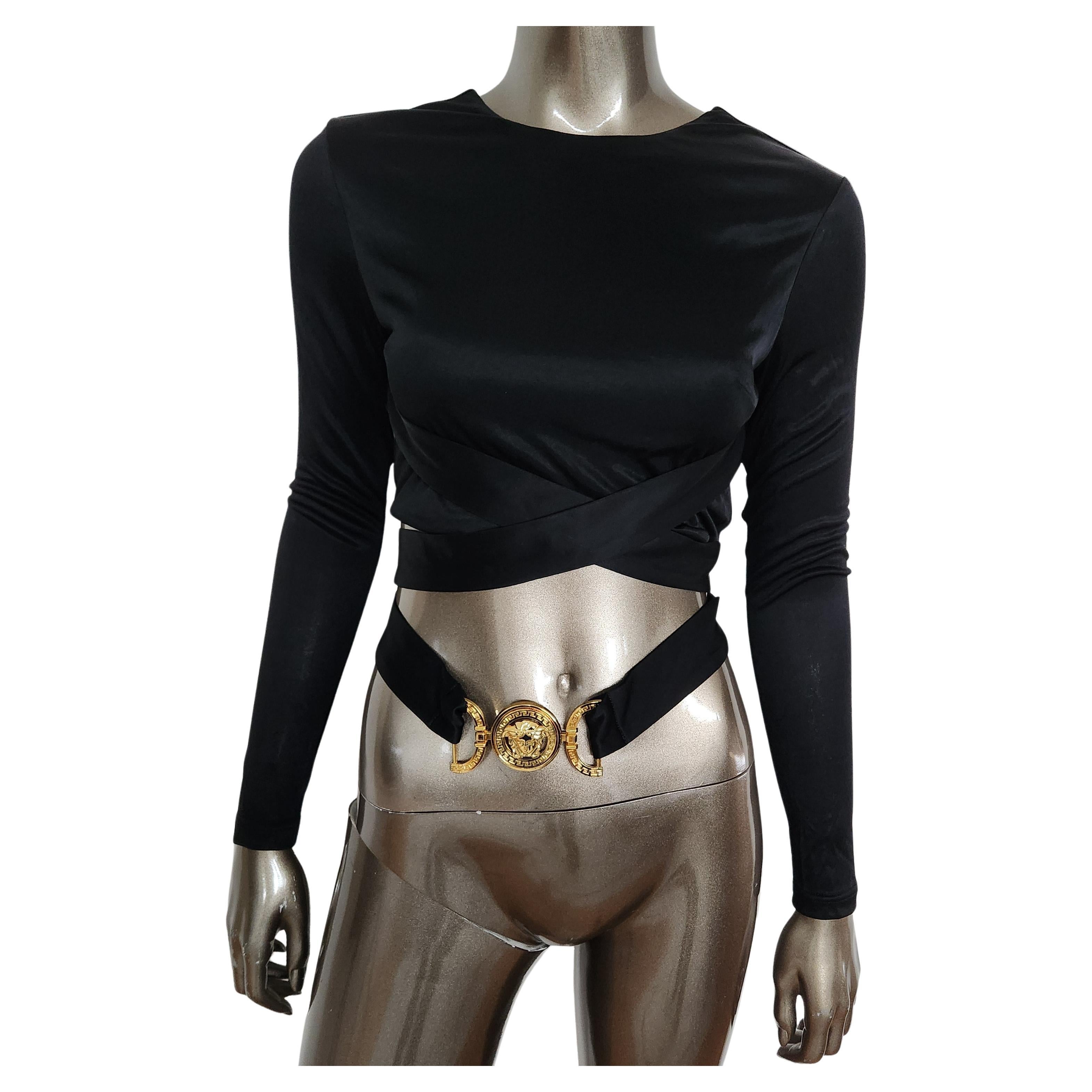 Versace Black Long Sleeve Medusa Belt Cropped Top 38