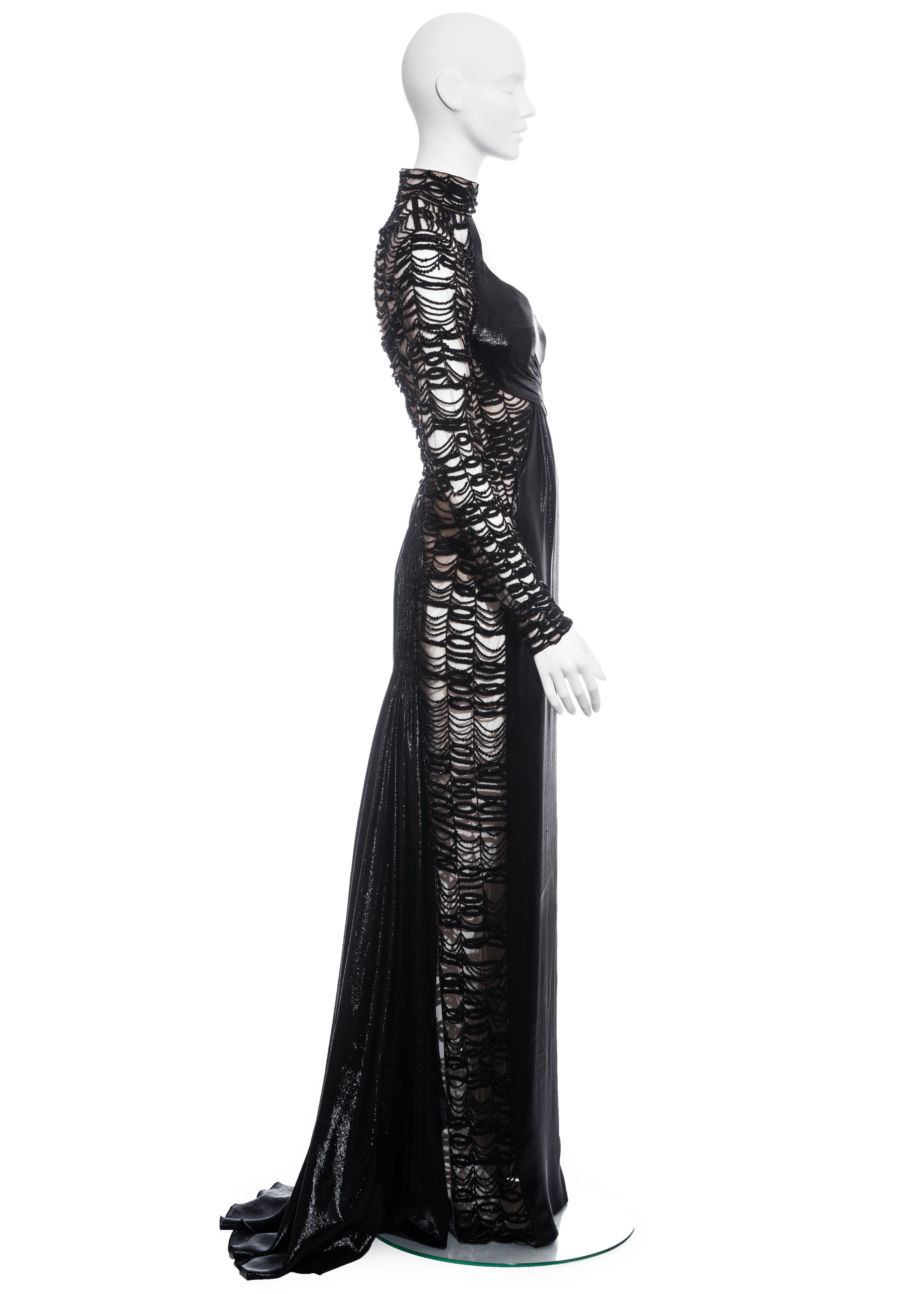 Versace black lurex beaded one-sleeve trained evening dress, fw 2013 In Excellent Condition For Sale In London, GB