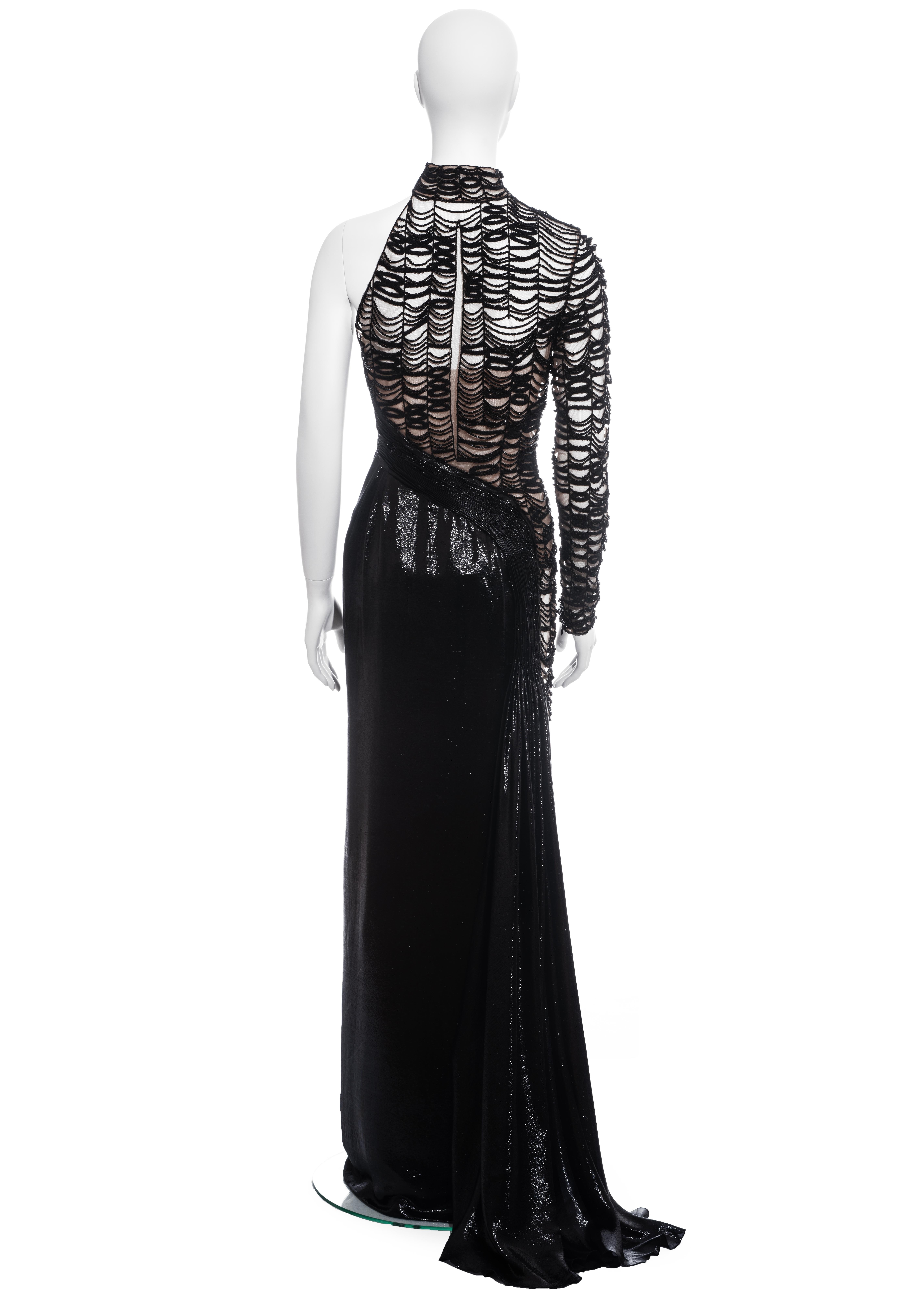 Versace black lurex beaded one-sleeve trained evening dress, fw 2013 For Sale 1