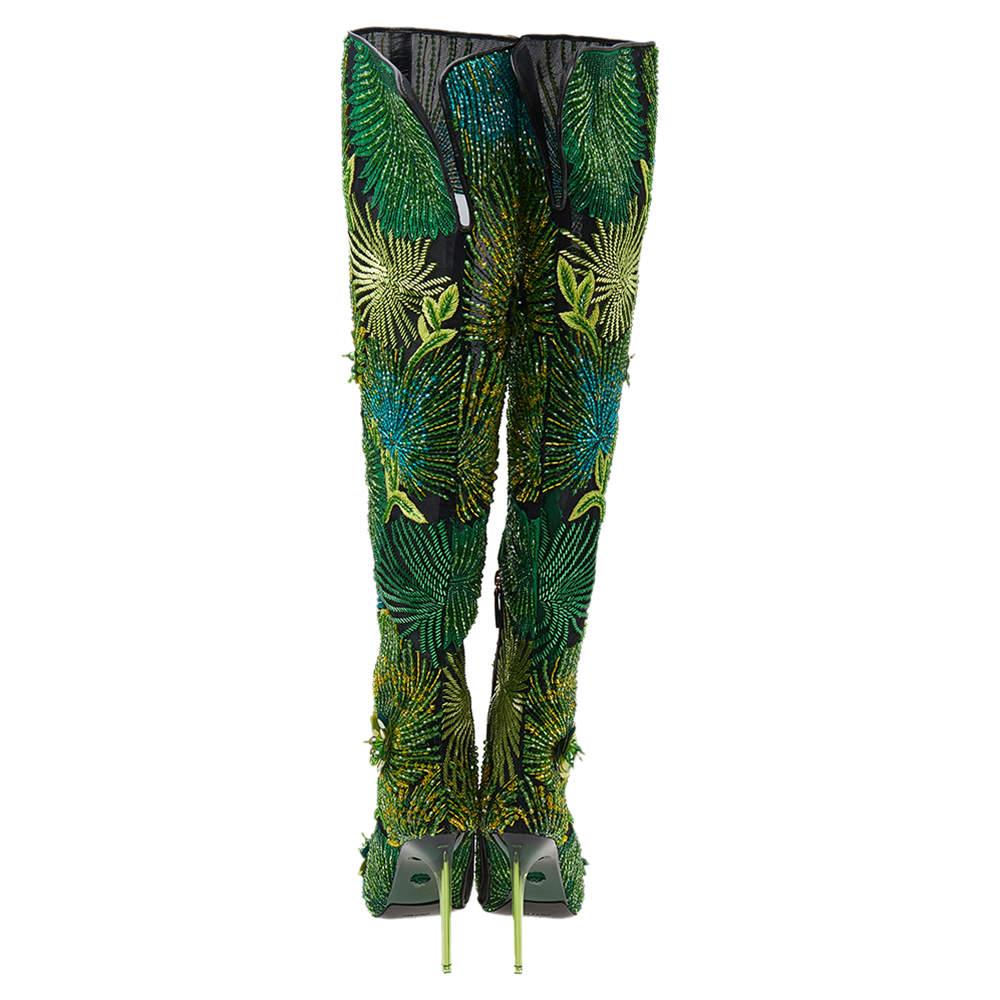 Versace Black Mesh And Green Embroidered Bead Jungle Print Over The Knee Boots S In Excellent Condition In Dubai, Al Qouz 2