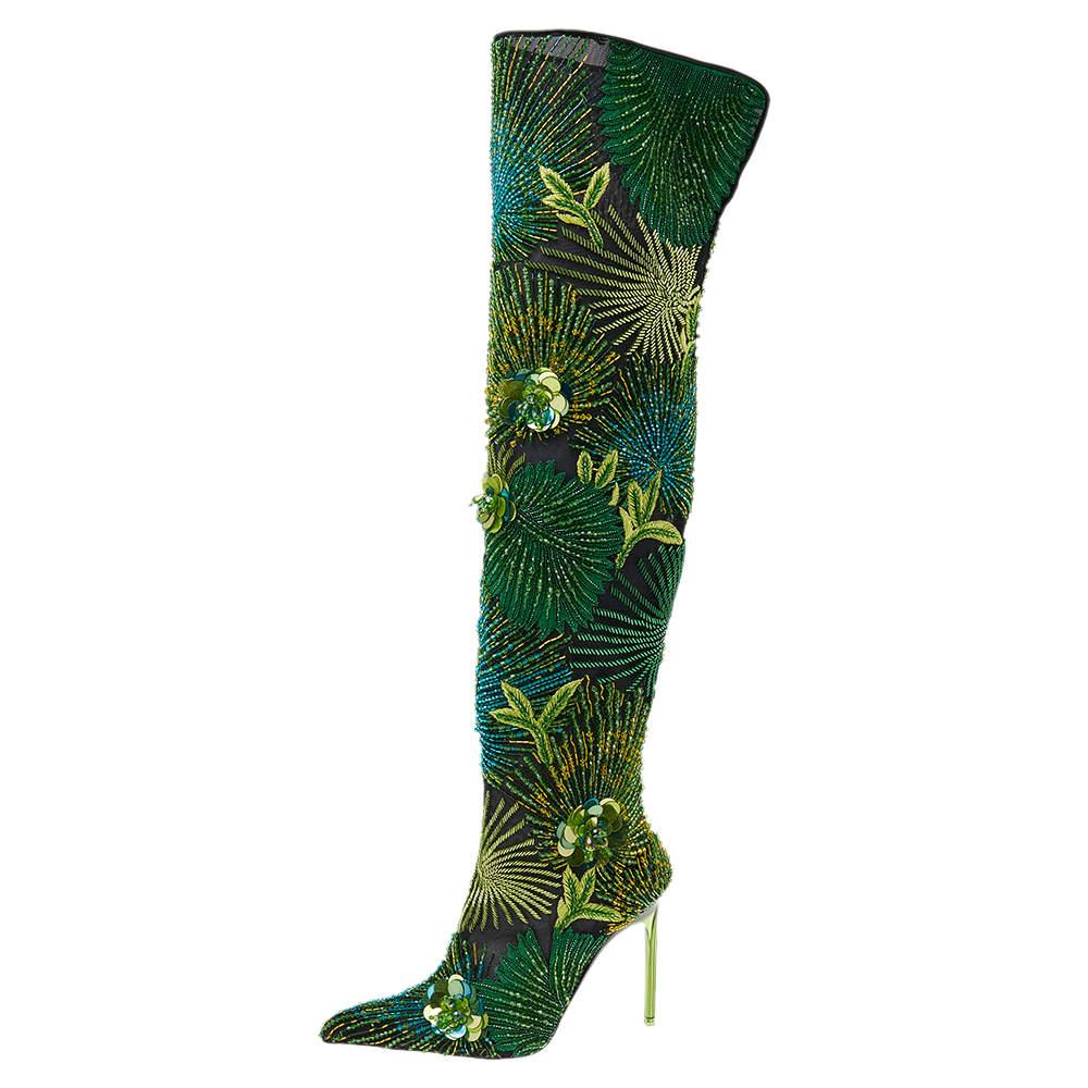 Women's Versace Black Mesh And Green Embroidered Bead Jungle Print Over The Knee Boots S