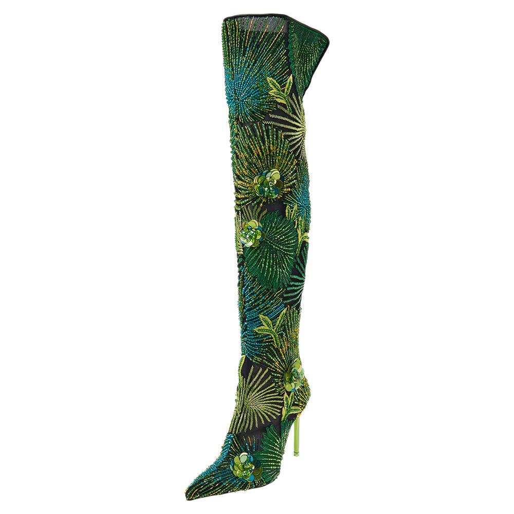Versace Black Mesh And Green Embroidered Bead Jungle Print Over The Knee Boots S 1