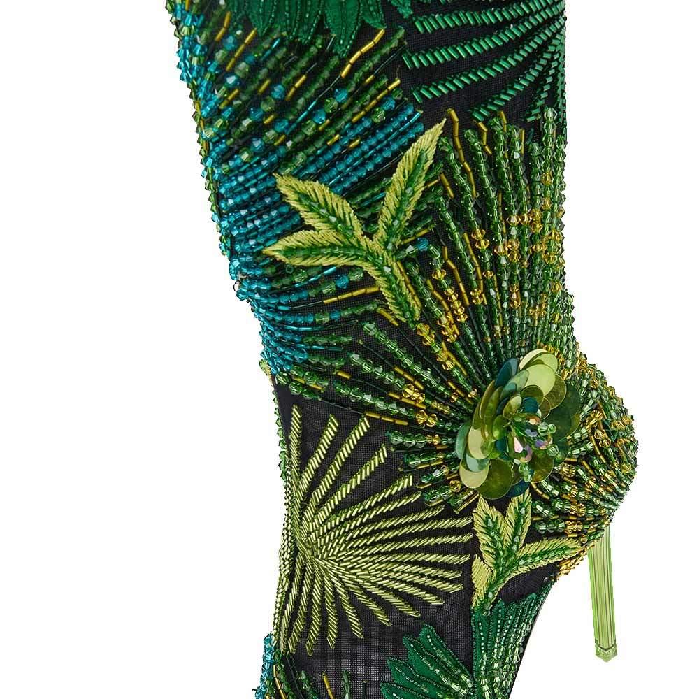 Versace Black Mesh And Green Embroidered Bead Jungle Print Over The Knee Boots S 2