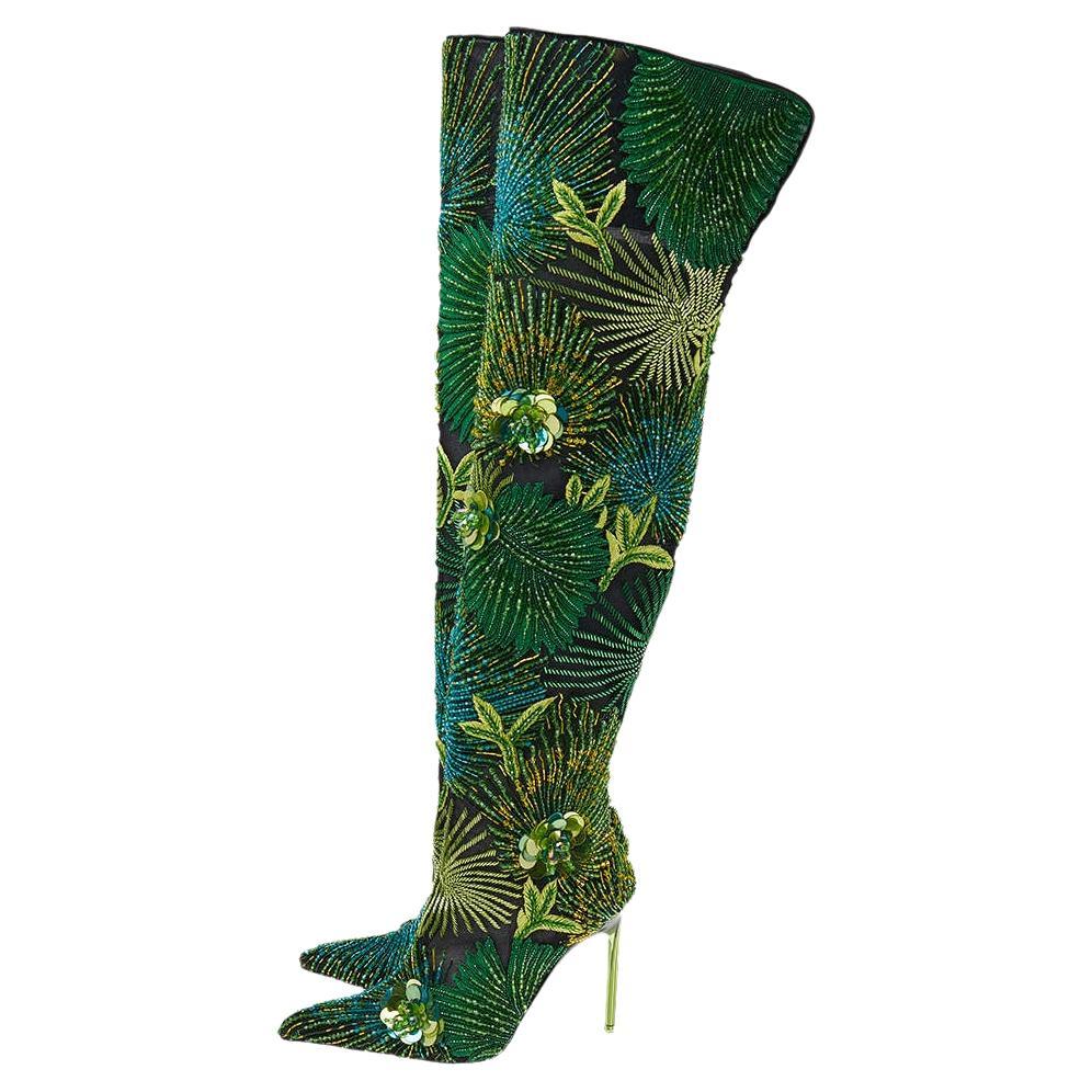 Versace Black Mesh And Green Embroidered Bead Jungle Print Over The Knee Boots S