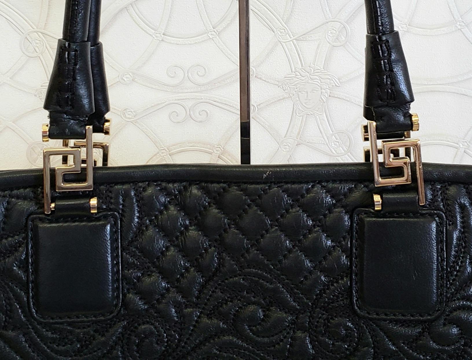 VERSACE BLACK NAPPA LEATHER QUILTED VANITAS TOTE Handbag In New Condition In Montgomery, TX