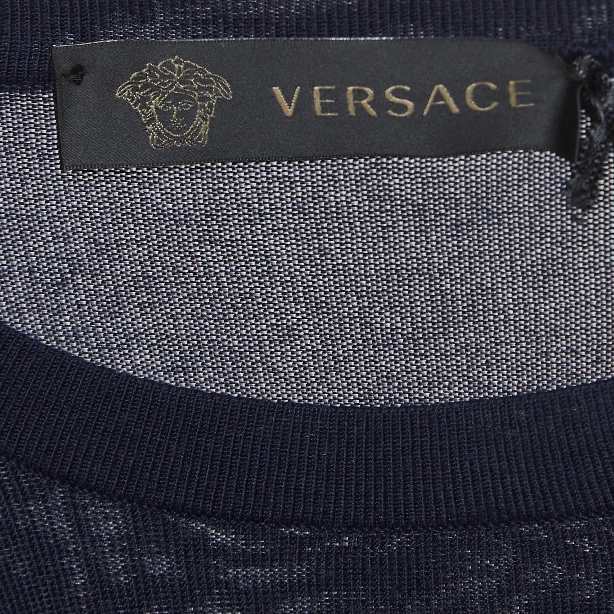 Women's or Men's Versace Black Navy Blue Cut-Out Knit Crew Neck Sweatshirt XL For Sale