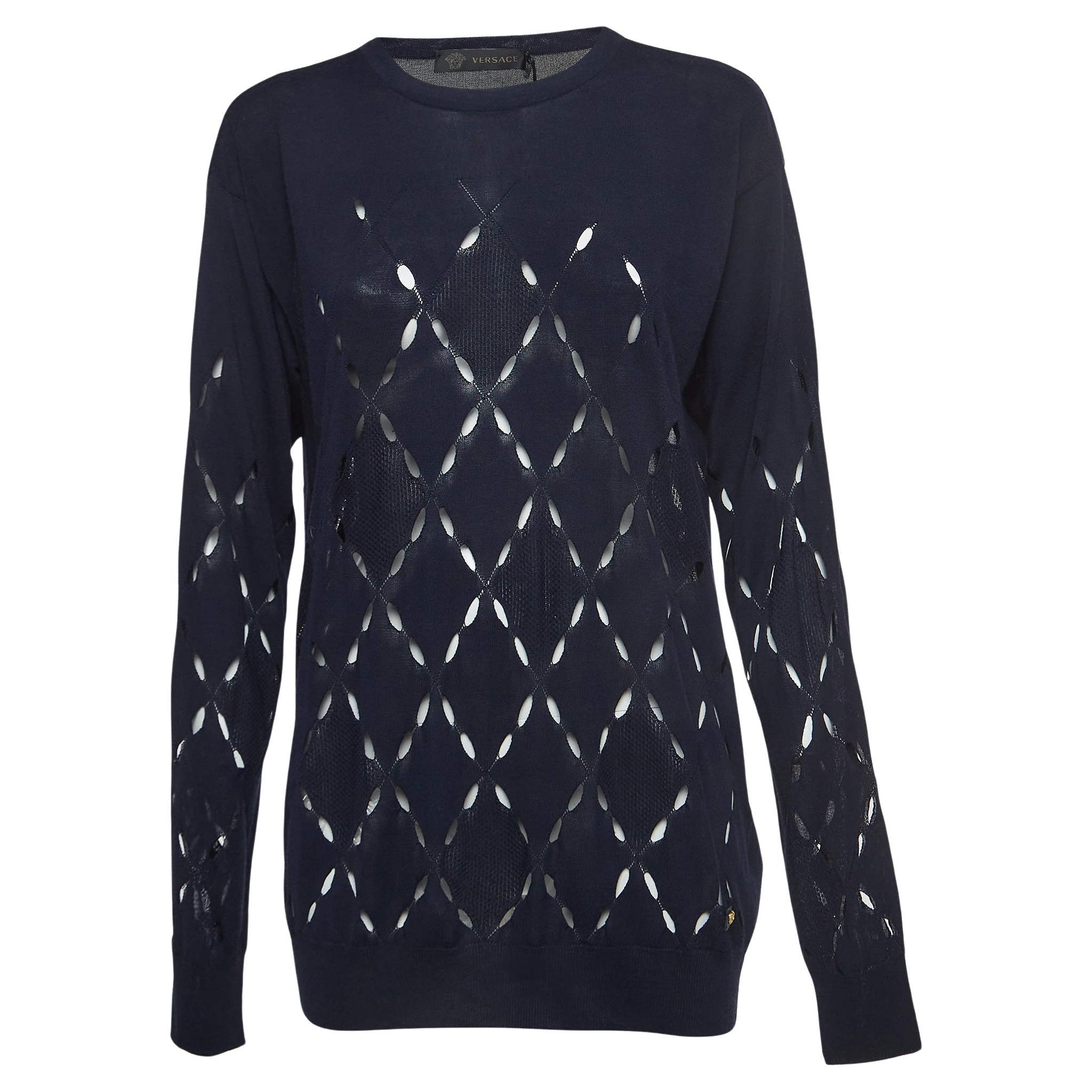 Versace Black Navy Blue Cut-Out Knit Crew Neck Sweatshirt XL For Sale