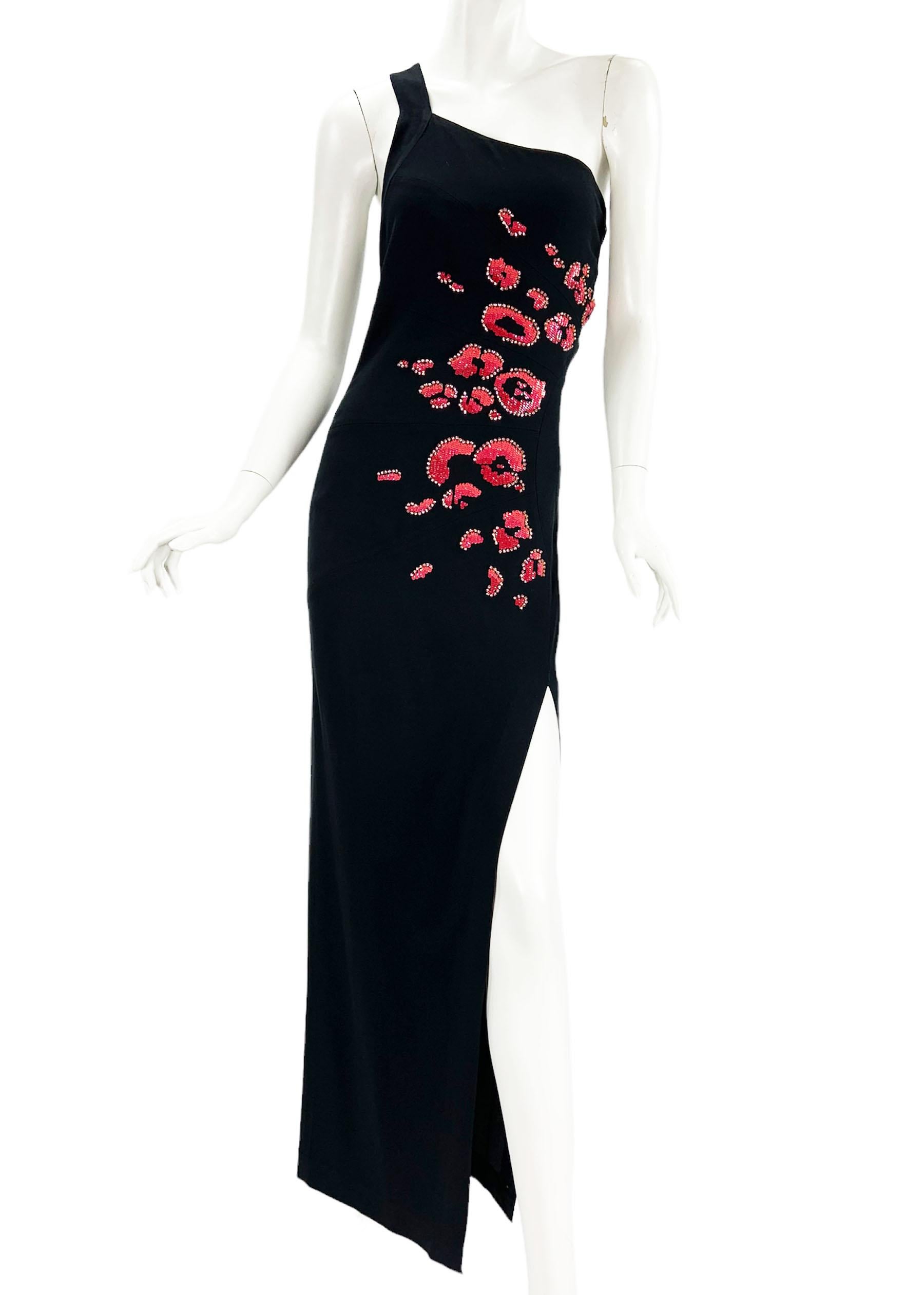 Versace Collection One Shoulder Embellished Maxi Stretch Dress Gown
Designer size 42
Black, One Shoulder Style, Embellished wit Pink Crystals; Coral, Pink and Red Sequins. High Side Slit. Back Zip Closure. Fabric is Stretchy.
Measurements approx: