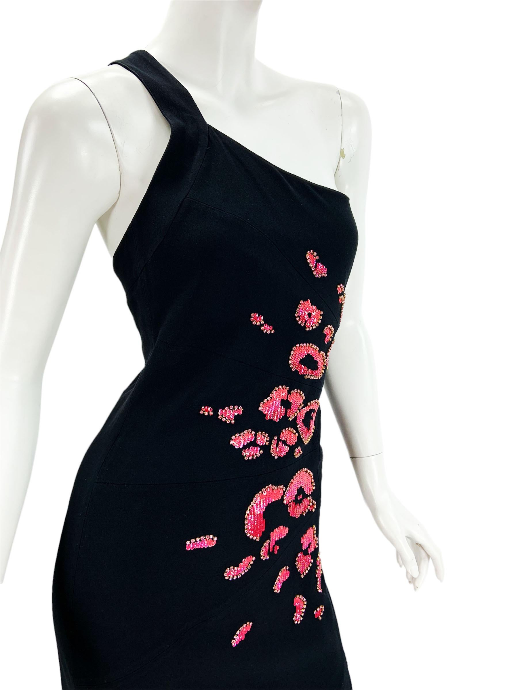 Women's Versace Black One Shoulder Crystal Sequeins Embellished Maxi Stretch Dress 42 For Sale