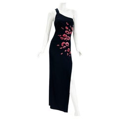 Versace Black One Shoulder Crystal Sequeins Embellished Maxi Stretch Dress 42