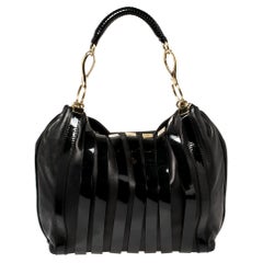 Versace Black Patent and Leather Stripe Logo Hobo