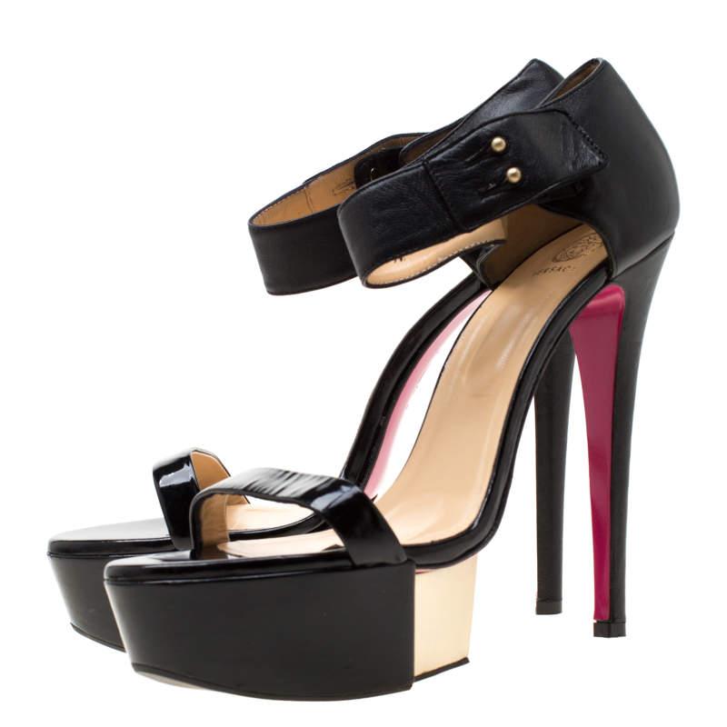 Versace Black Patent Leather And Leather Ankle Strap Platform Sandals Size 40 For Sale 1