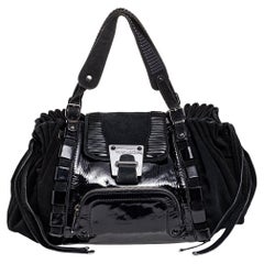 Versace Black Patent Leather And Suede Flap Tote