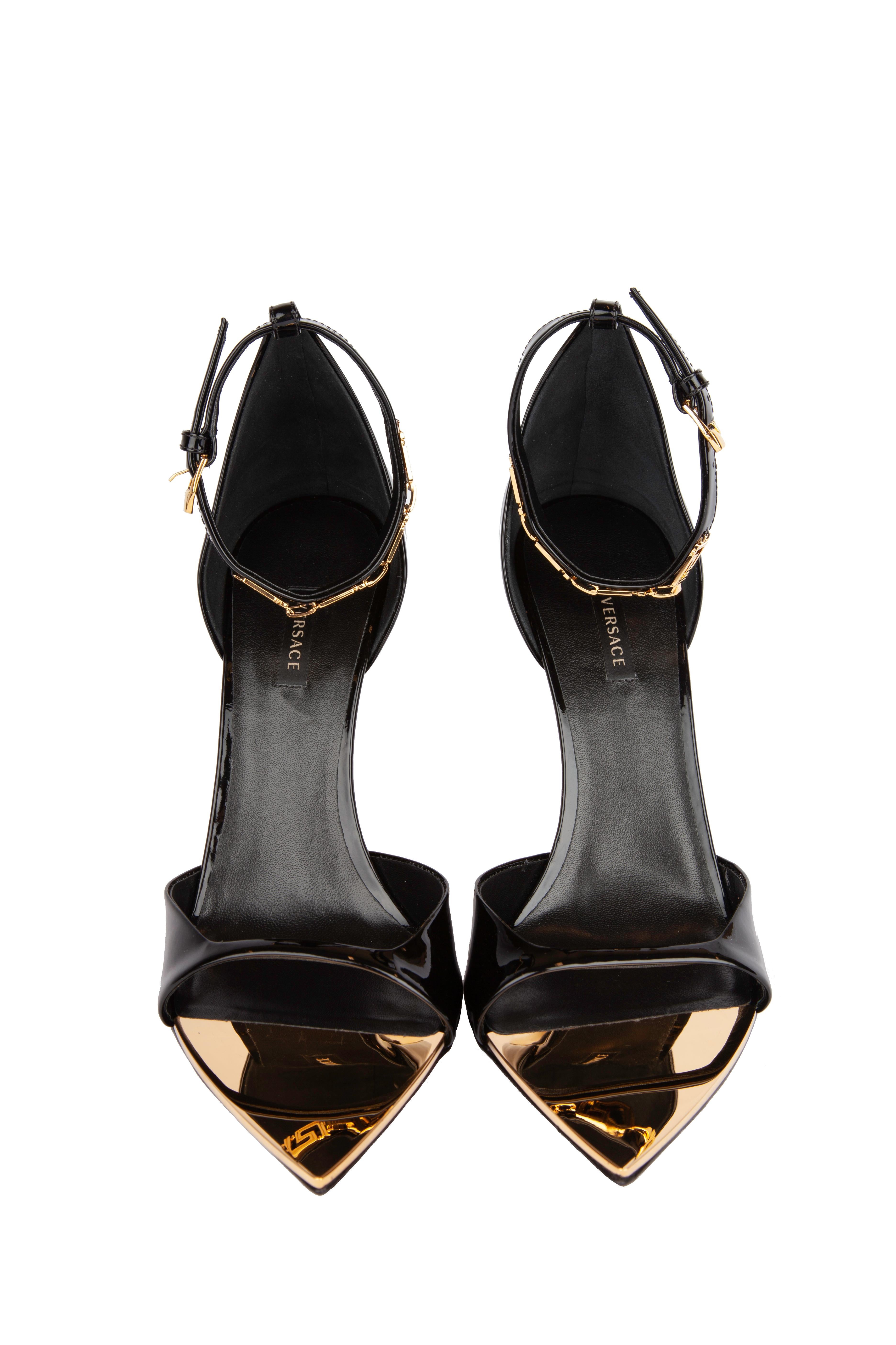 Versace Black Patent Leather Irina Strap Heels with Gold Tone Hardware Size 36 In New Condition In Paradise Island, BS