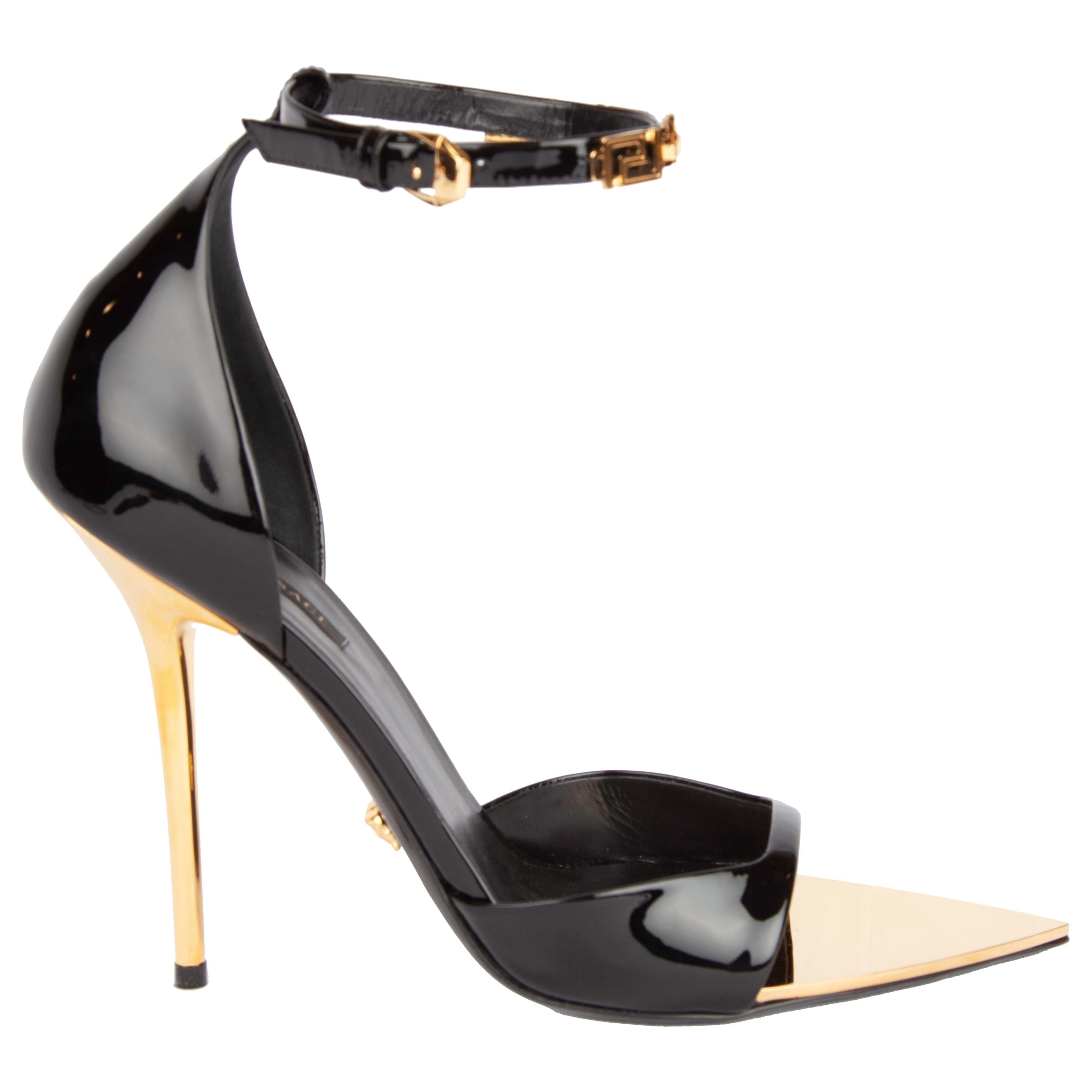 Versace Black Patent Leather Irina Strap Heels with Gold Tone Hardware Size 37