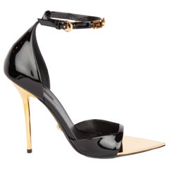 Versace Black Patent Leather Irina Strap Heels with Gold Tone Hardware Size 37.5