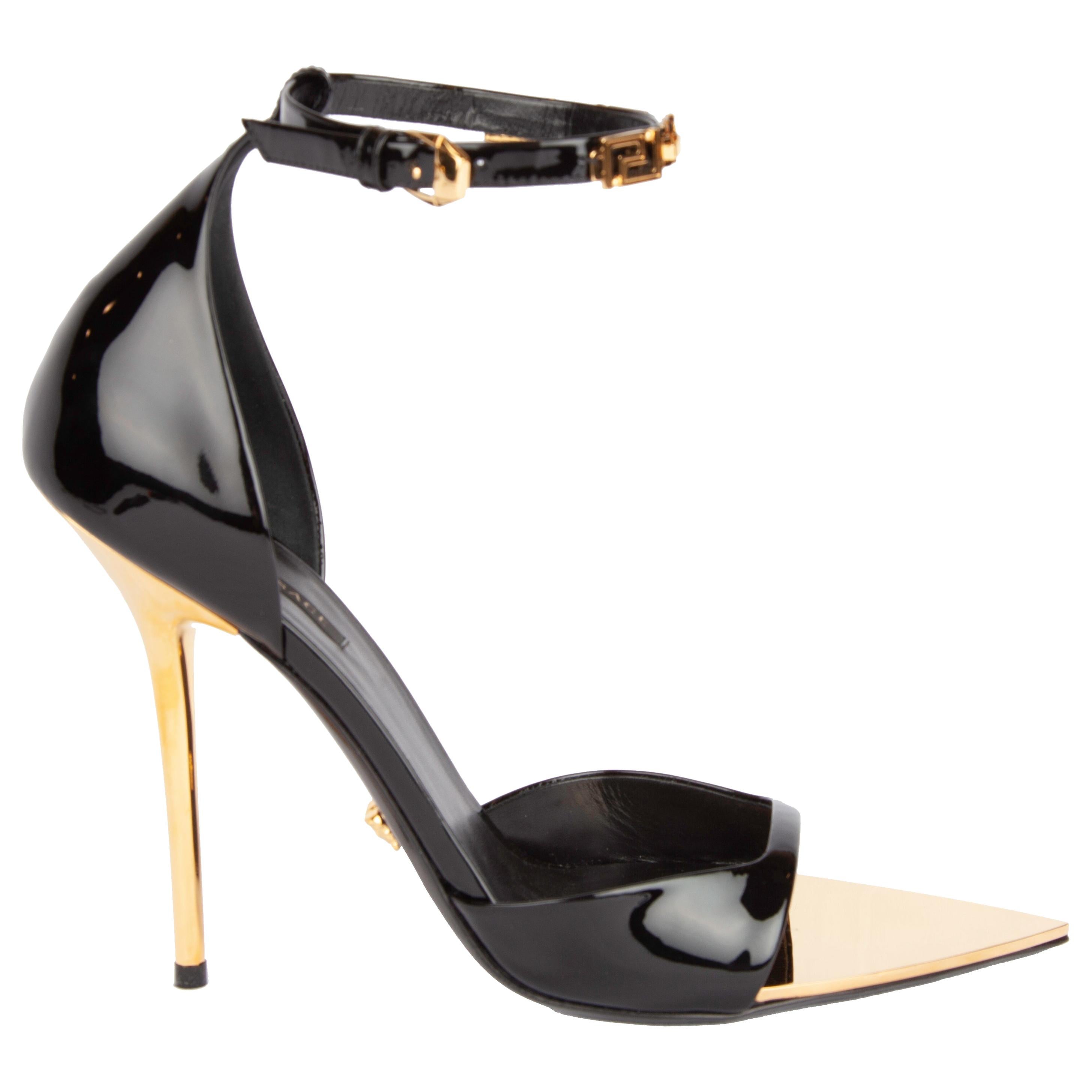 Versace Black Patent Leather Irina Strap Heels with Gold Tone Hardware Size 41