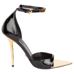 Versace Black Patent Leather Irina Strap Heels with Gold Tone Hardware Size 41