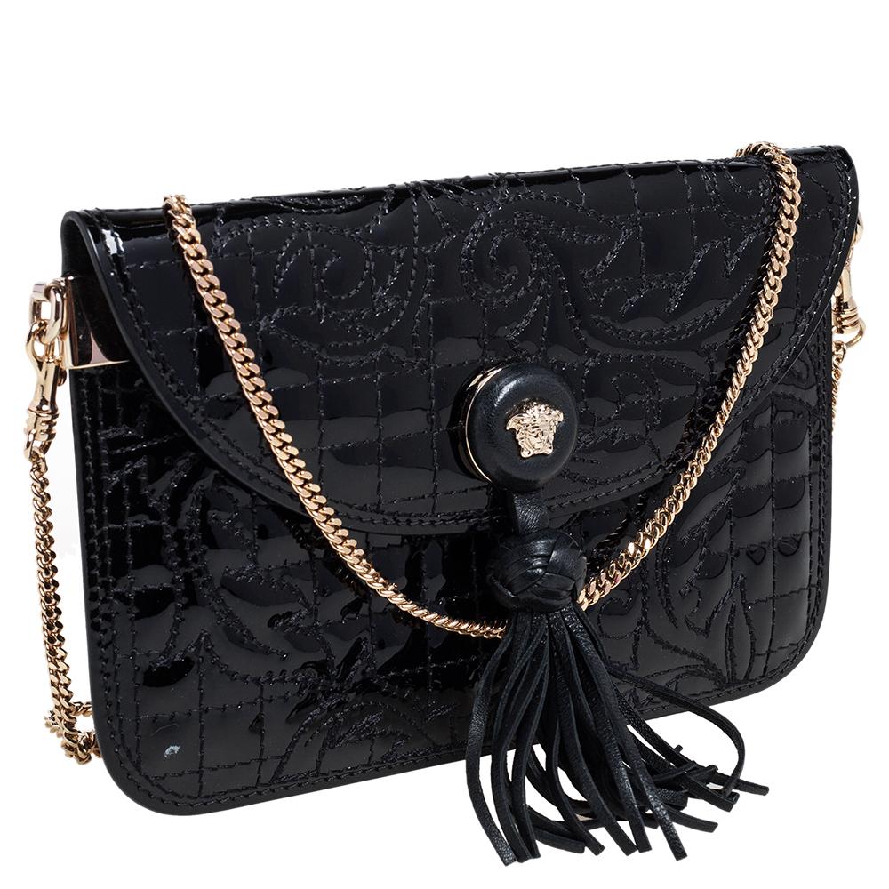 Women's Versace Black Patent Leather Medusa Chain Clutch