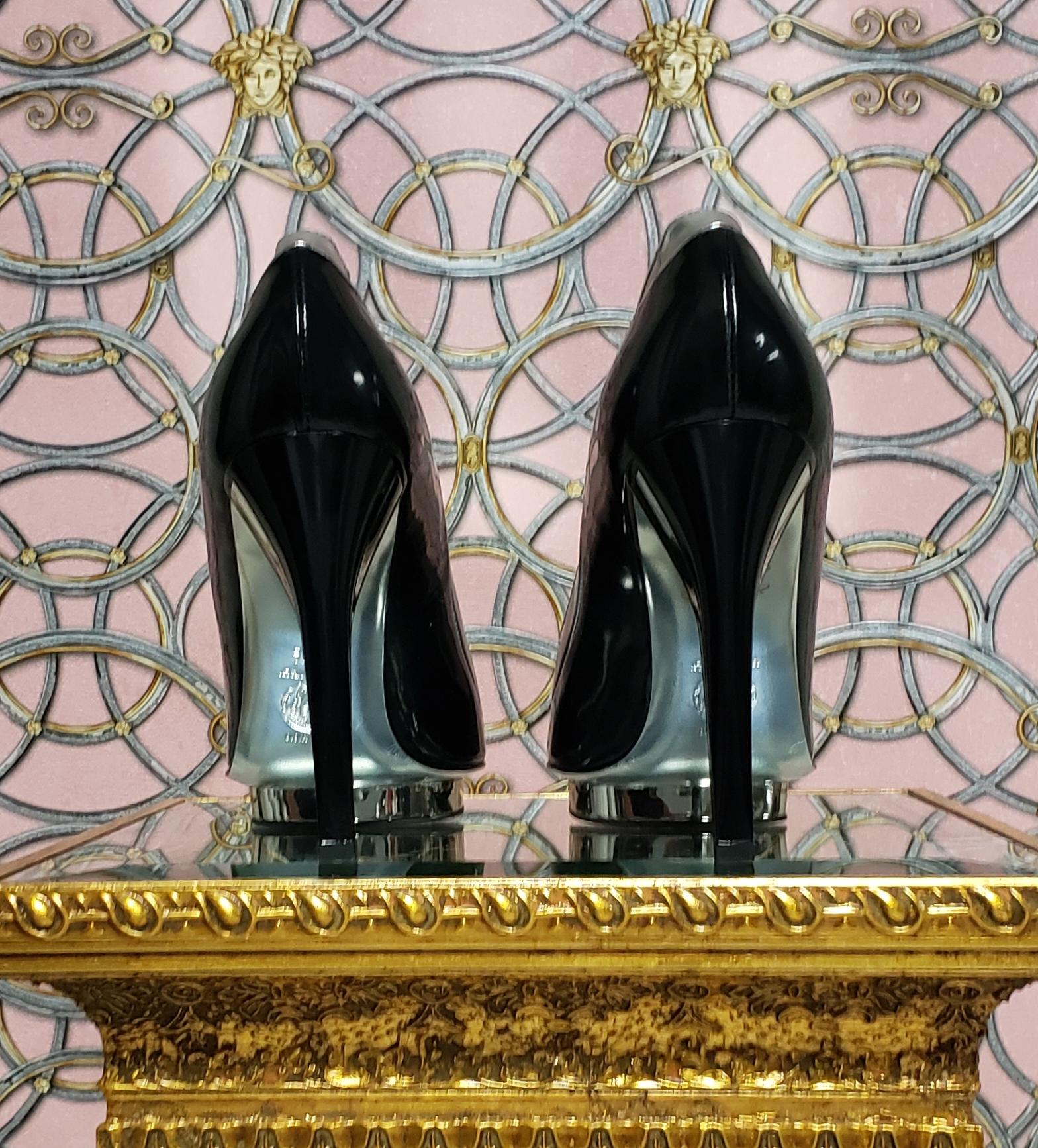 VERSACE BLACK PATENT LEATHER PLATFORM SHOES as seen in 