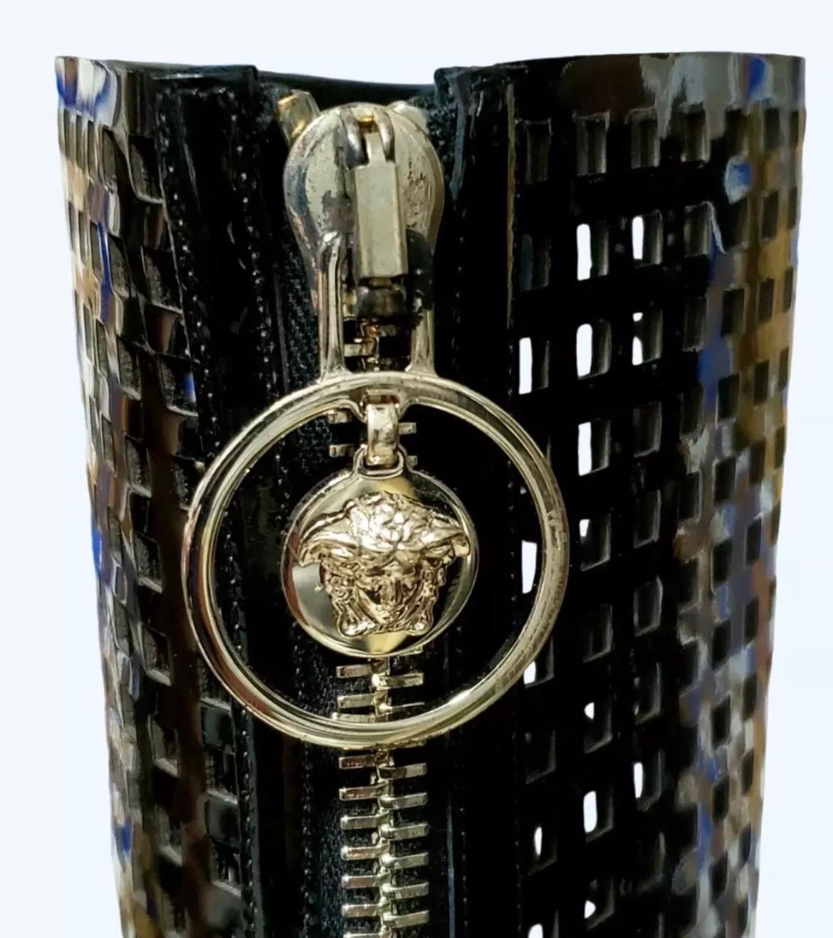 Versace Black Patent Leather Plexi Platform Cage Boots NWT For Sale 6