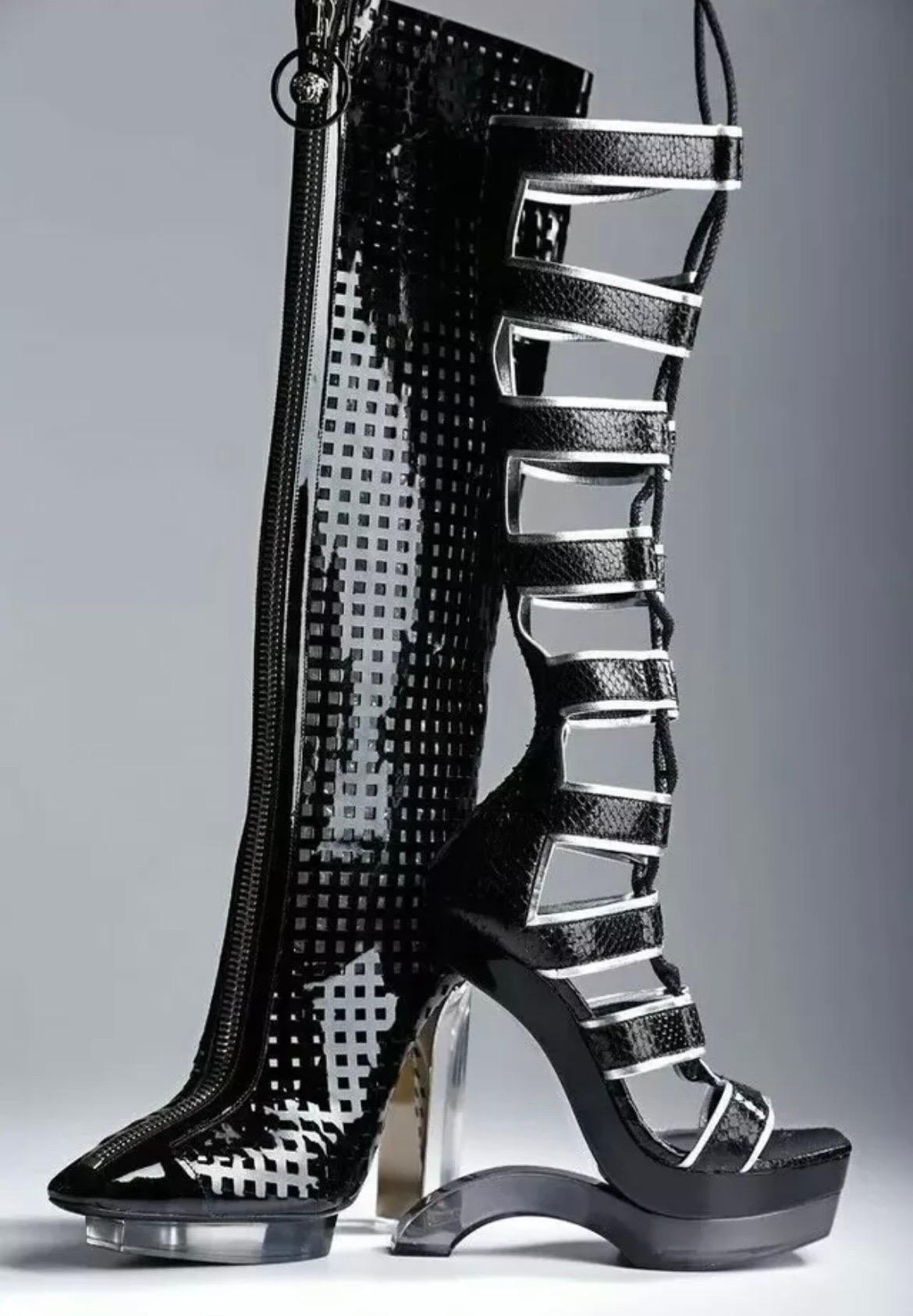Women's Versace Black Patent Leather Plexi Platform Cage Boots NWT For Sale