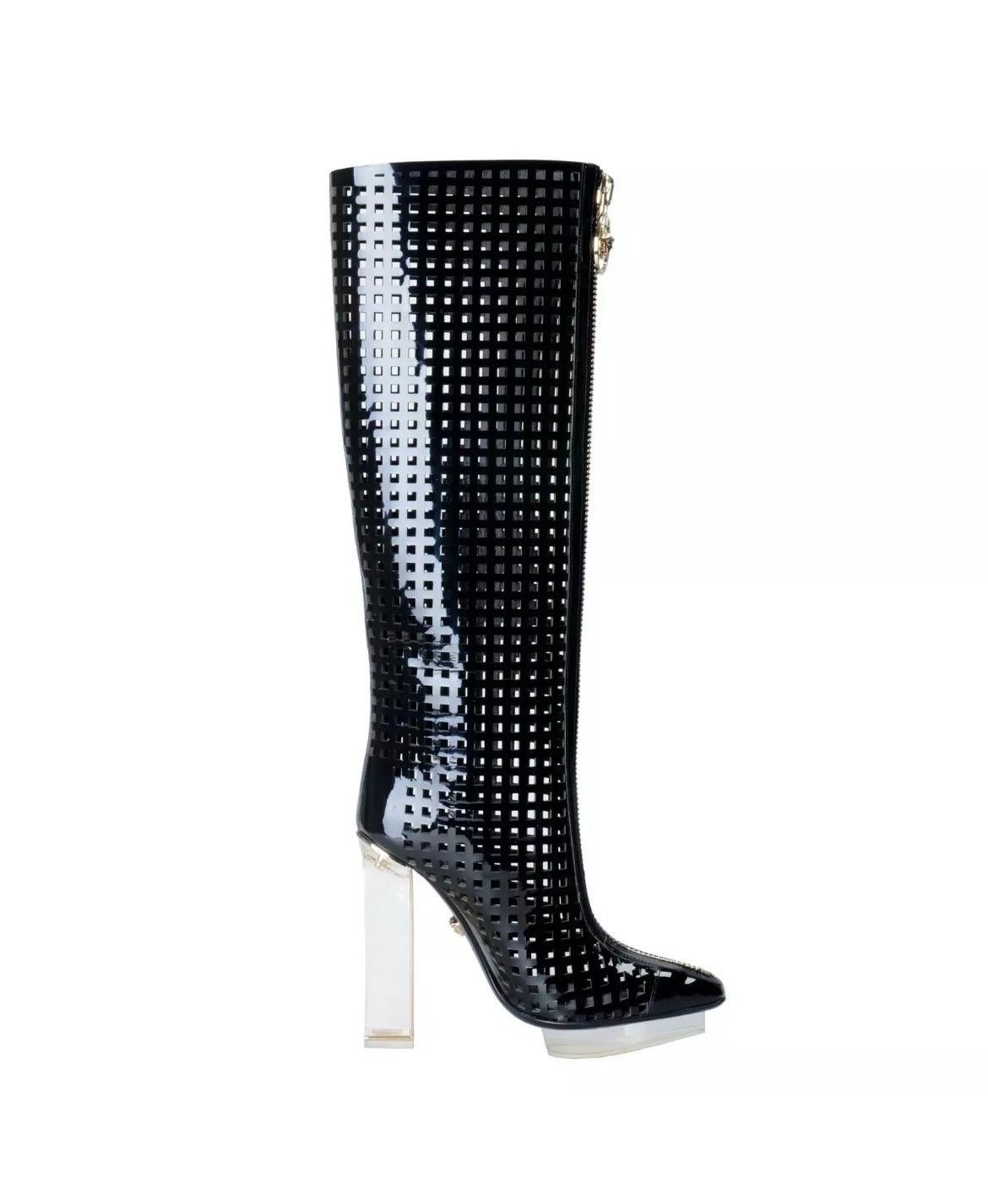 Versace Black Patent Leather Plexi Platform Cage Boots NWT For Sale 2