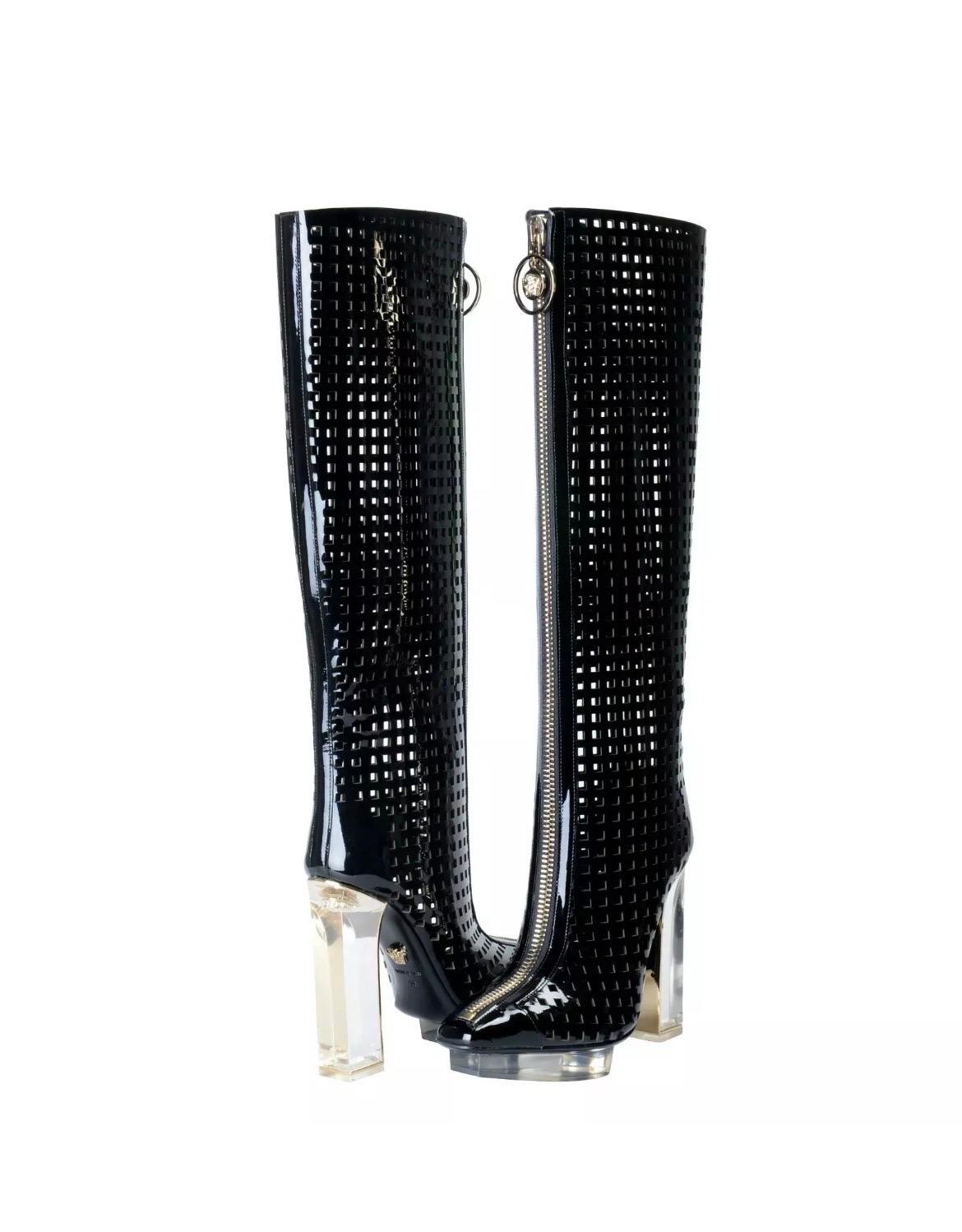 Versace Black Patent Leather Plexi Platform Cage Boots NWT For Sale 3