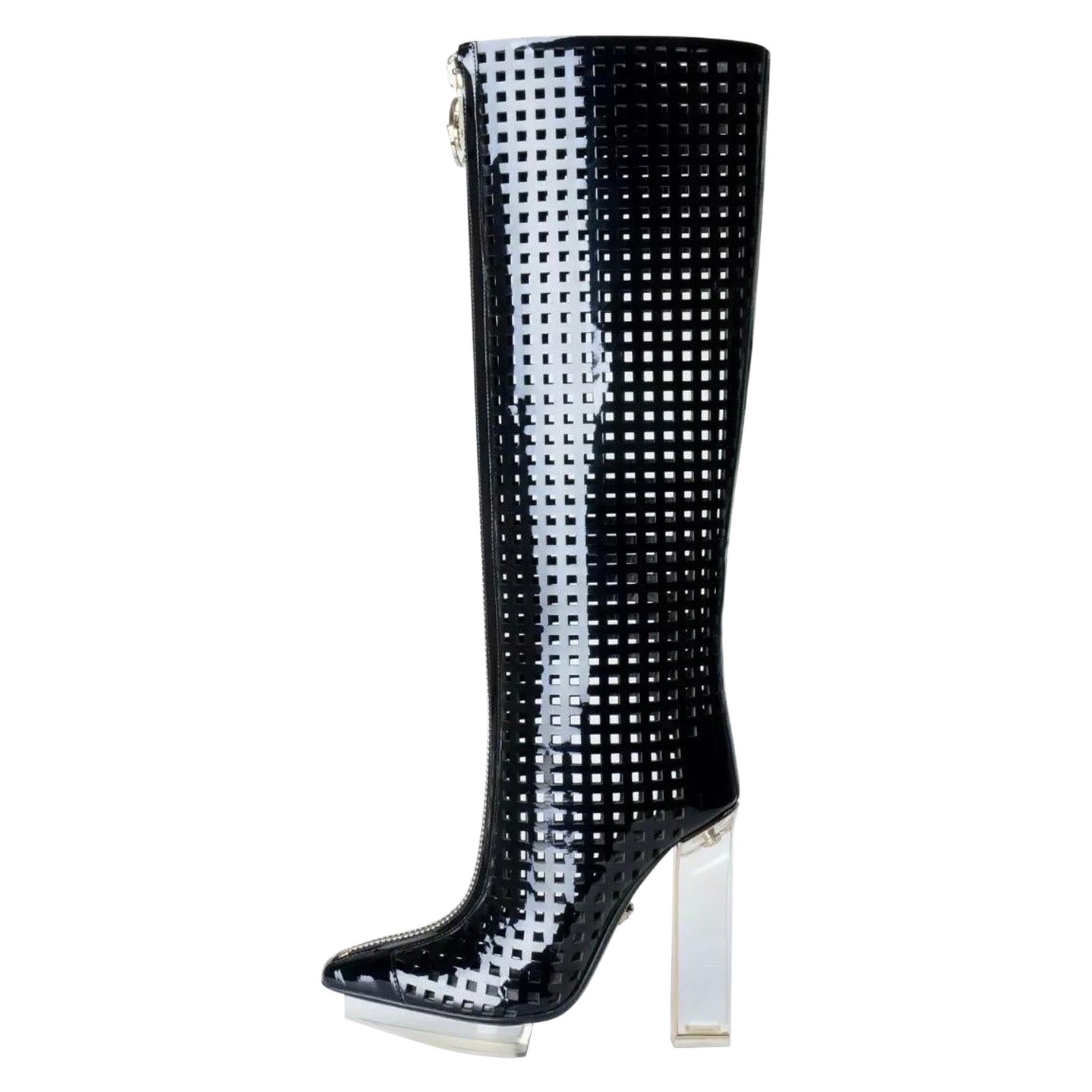 Versace Black Patent Leather Plexi Platform Cage Boots NWT
