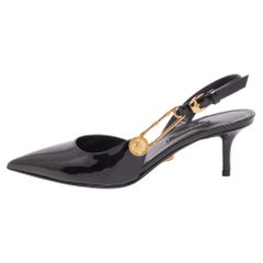 Versace Black Patent Leather Safety Pin Medusa Slingback Pumps Size 36