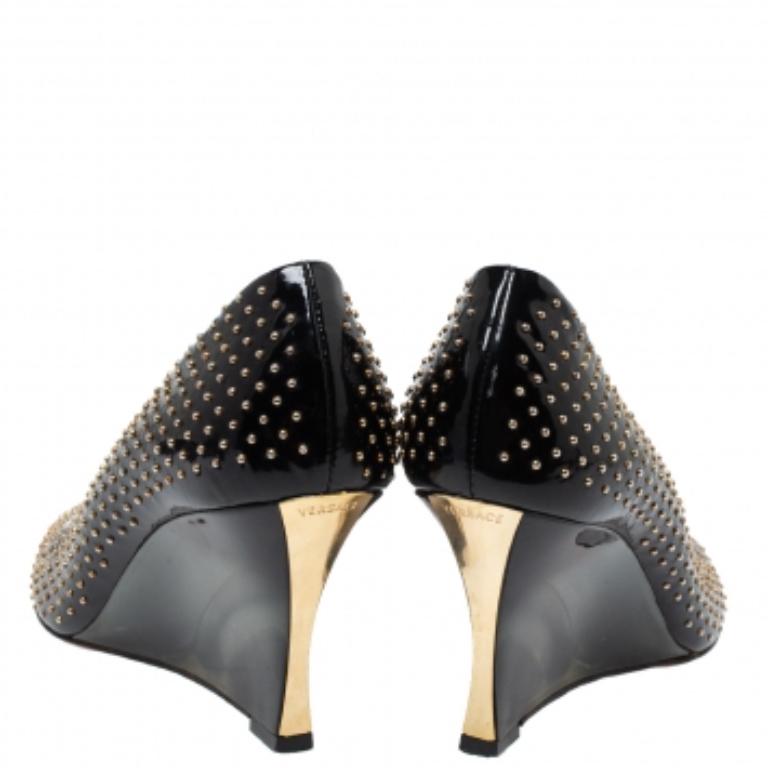 Women's Versace Black Patent Studded Peep Toe Pumps Size 37 For Sale