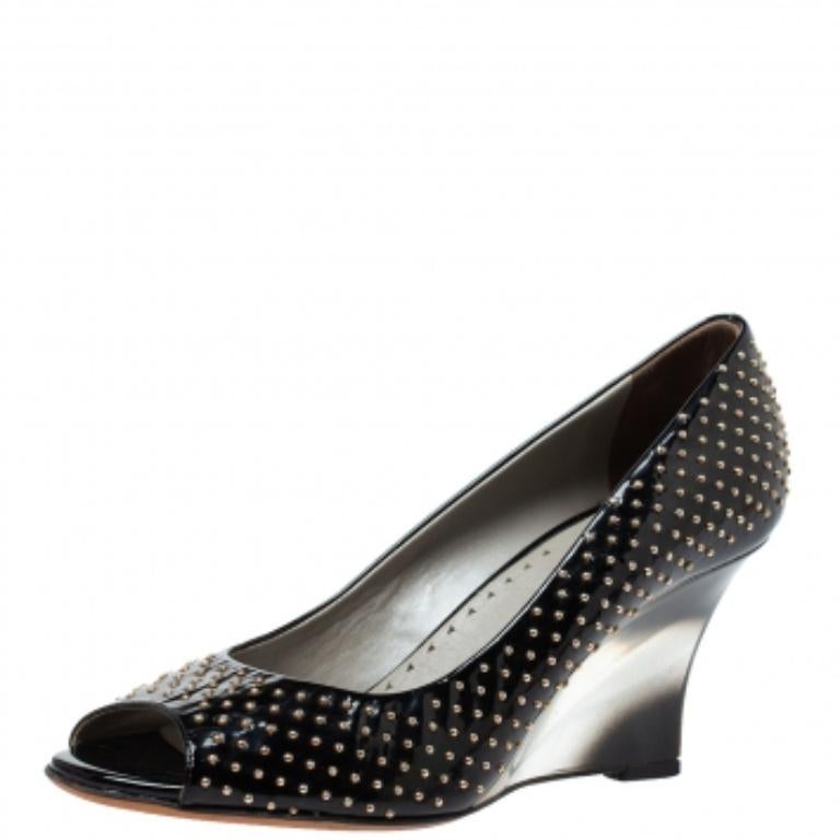 Versace Black Patent Studded Peep Toe Pumps Size 37 For Sale 3