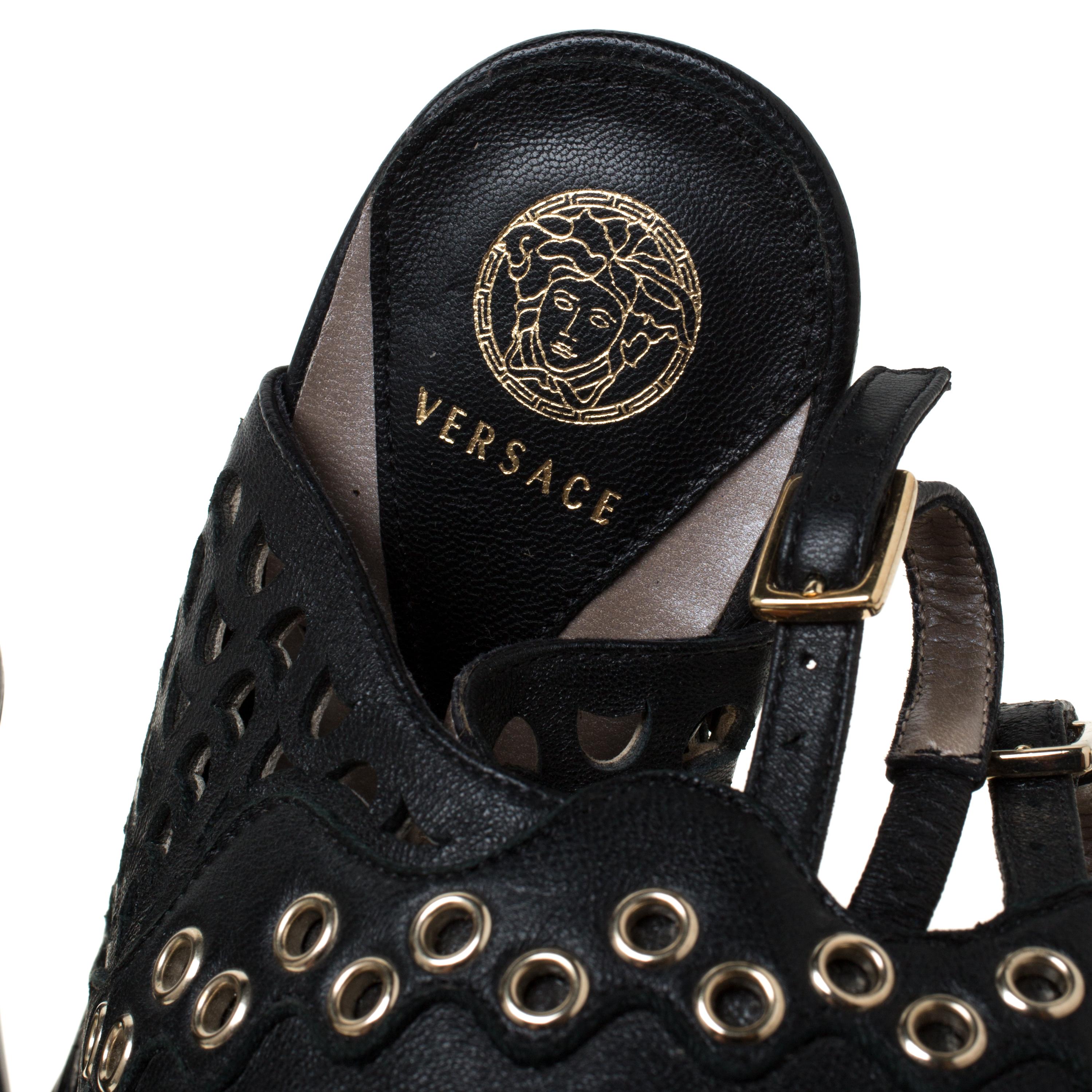 Versace Black Perforated Leather Lace Up Buckle Booties Size 37 3