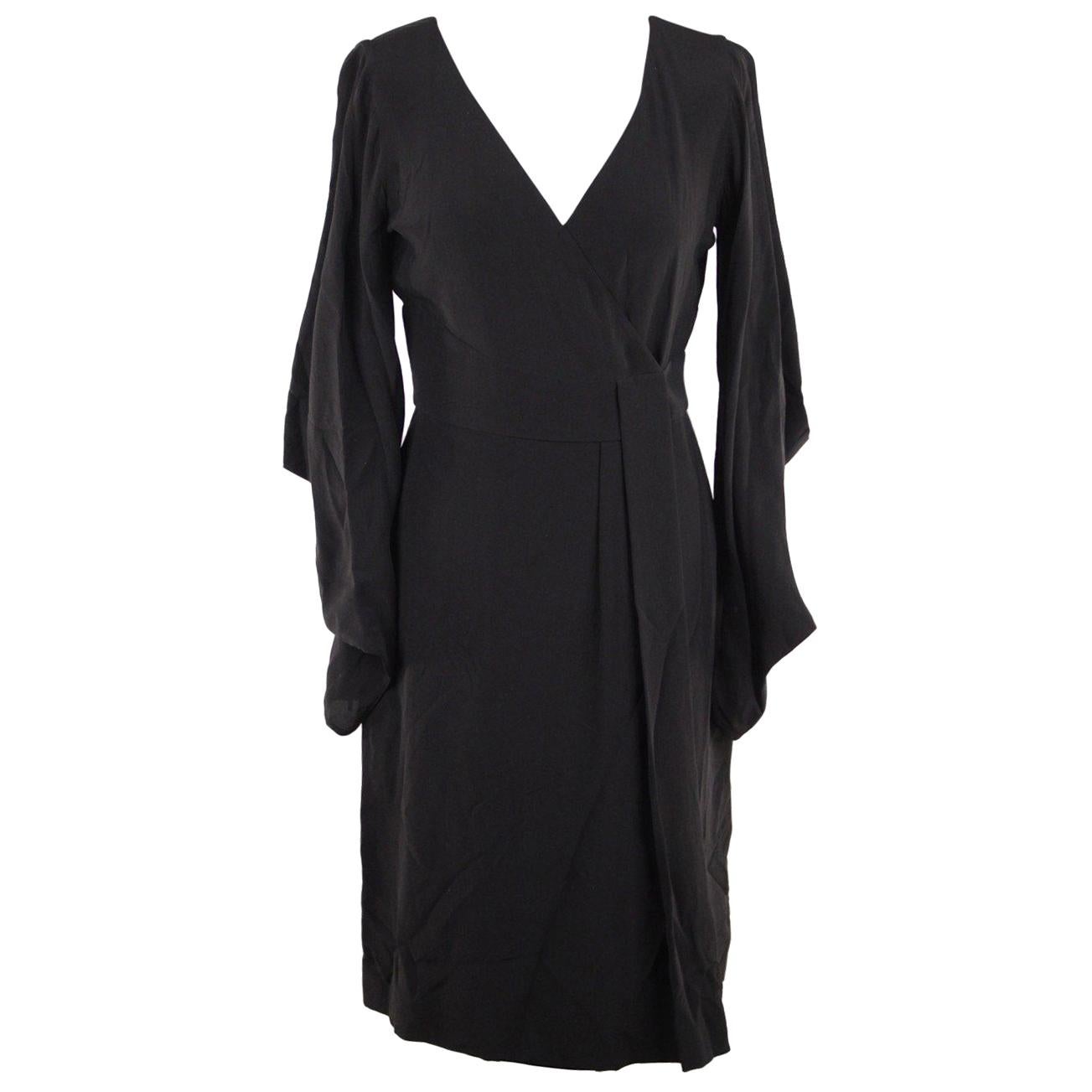 VERSACE Black Pure Silk WRAP DRESS w/ Blouson Sleeves SIZE 40