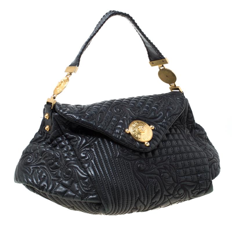 Women's Versace Black Quilted Barocco Leather Top Handle Bag