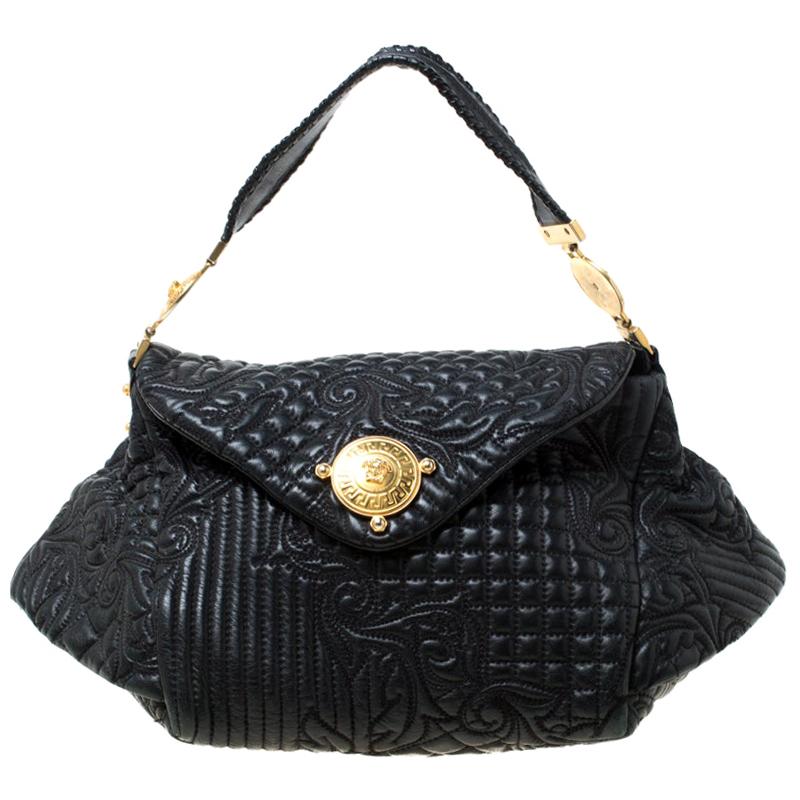 Versace Black Quilted Barocco Leather Top Handle Bag