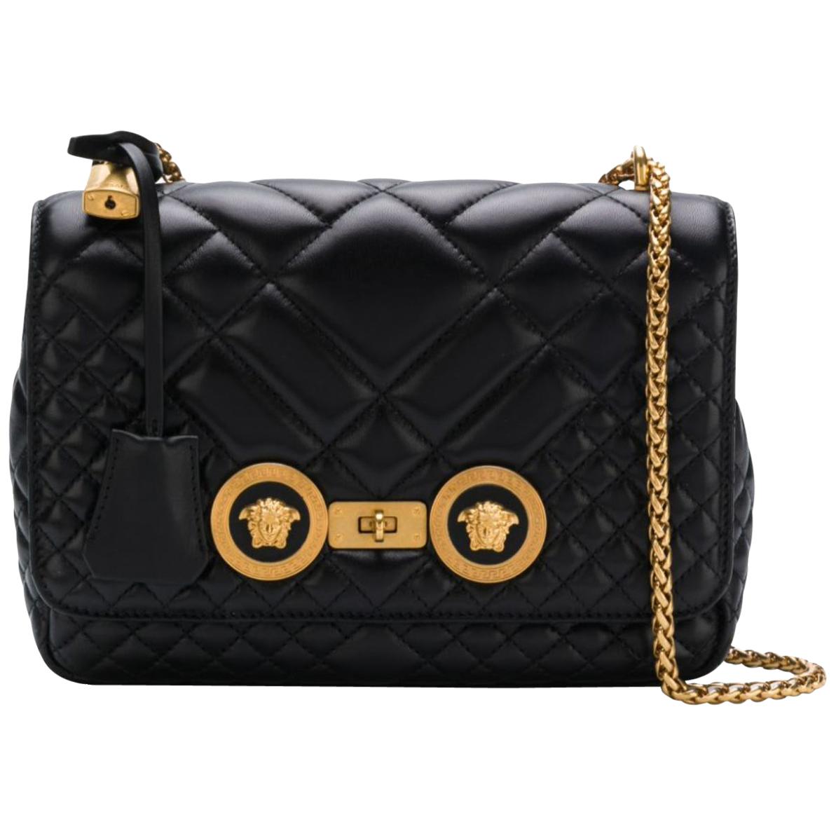 MARKESE Matalasse Black Quilted Leather Shoulder Bag Chain Gold Turnlock