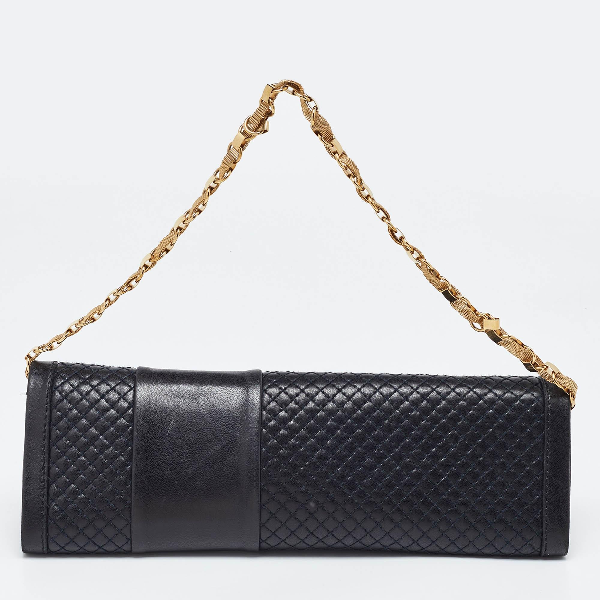 Women's Versace Black Quilted Leather Medallion Chain Clutch