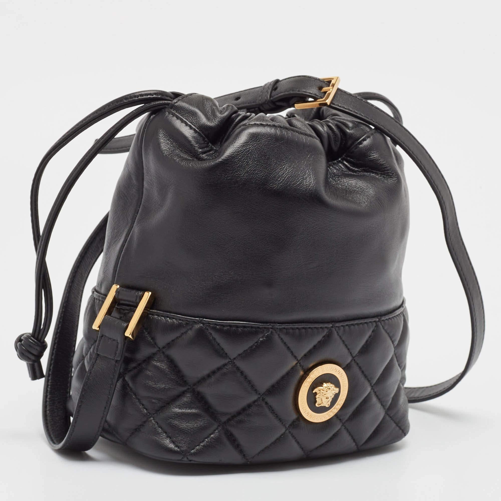 Versace Black Quilted Leather Medusa Drawstring Bucket Bag In Good Condition In Dubai, Al Qouz 2